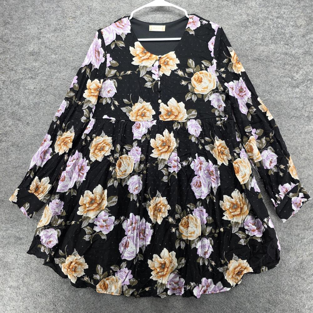 Altard State Dress Womens Large Black Floral Babydoll Long Sleeve Boho Tunic